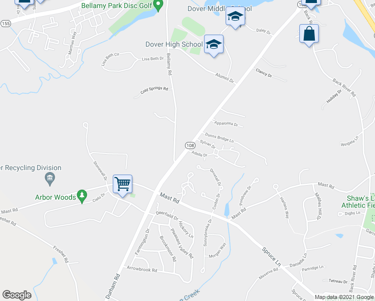 map of restaurants, bars, coffee shops, grocery stores, and more near 164 Durham Road in Dover