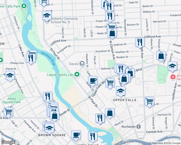 map of restaurants, bars, coffee shops, grocery stores, and more near 22 Galusha Street in Rochester