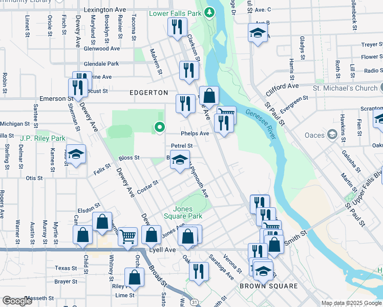 map of restaurants, bars, coffee shops, grocery stores, and more near 53 Bloss Street in Rochester