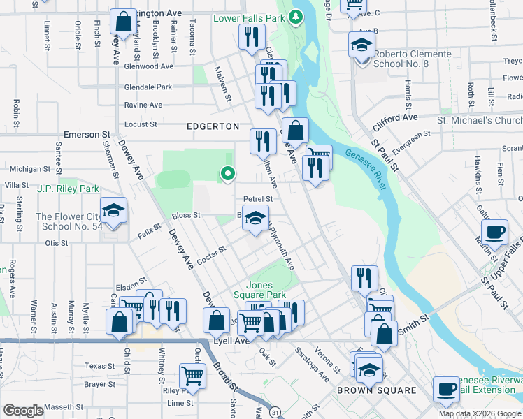map of restaurants, bars, coffee shops, grocery stores, and more near 61 Wagner Alley in Rochester