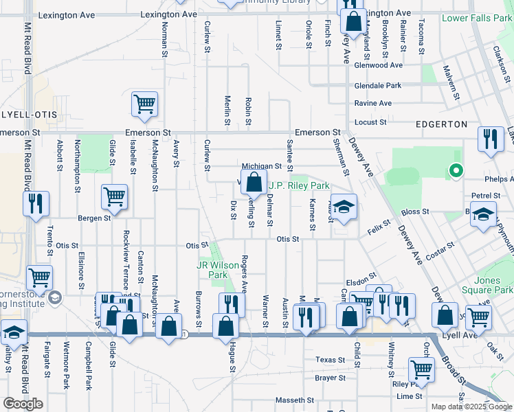 map of restaurants, bars, coffee shops, grocery stores, and more near 45 Delmar Street in Rochester