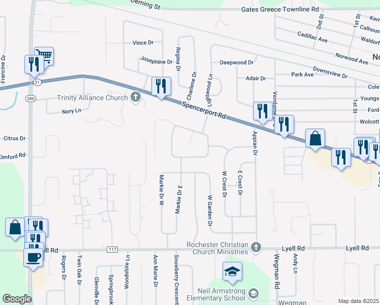 map of restaurants, bars, coffee shops, grocery stores, and more near 30 Country Gables Circle in Rochester