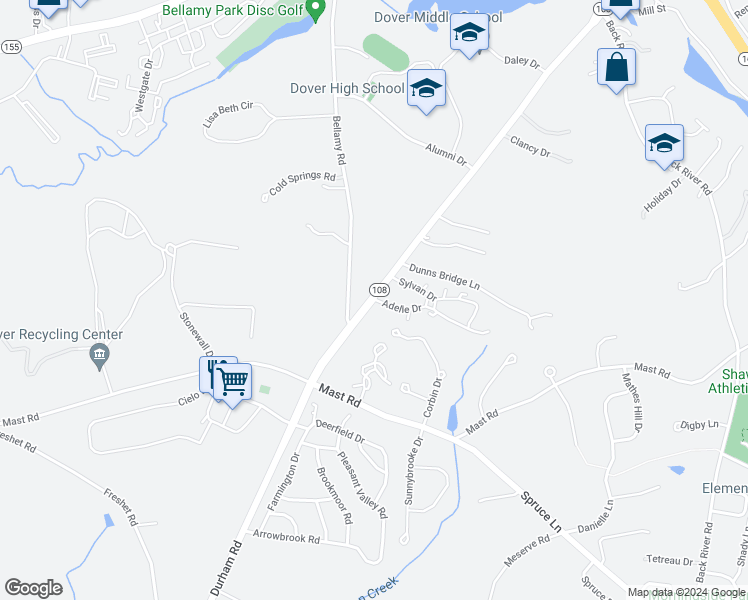 map of restaurants, bars, coffee shops, grocery stores, and more near 164 Durham Road in Dover