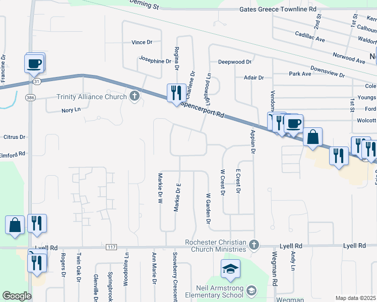map of restaurants, bars, coffee shops, grocery stores, and more near 30 Country Gables Circle in Rochester
