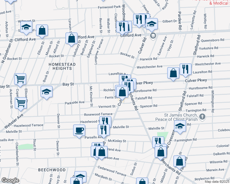 map of restaurants, bars, coffee shops, grocery stores, and more near 47 Richland Street in Rochester