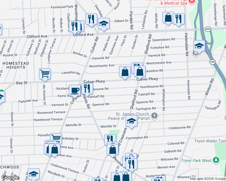 map of restaurants, bars, coffee shops, grocery stores, and more near 116 Falstaff Road in Rochester