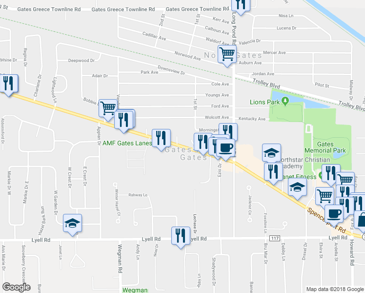 map of restaurants, bars, coffee shops, grocery stores, and more near 748 Spencerport Road in Rochester
