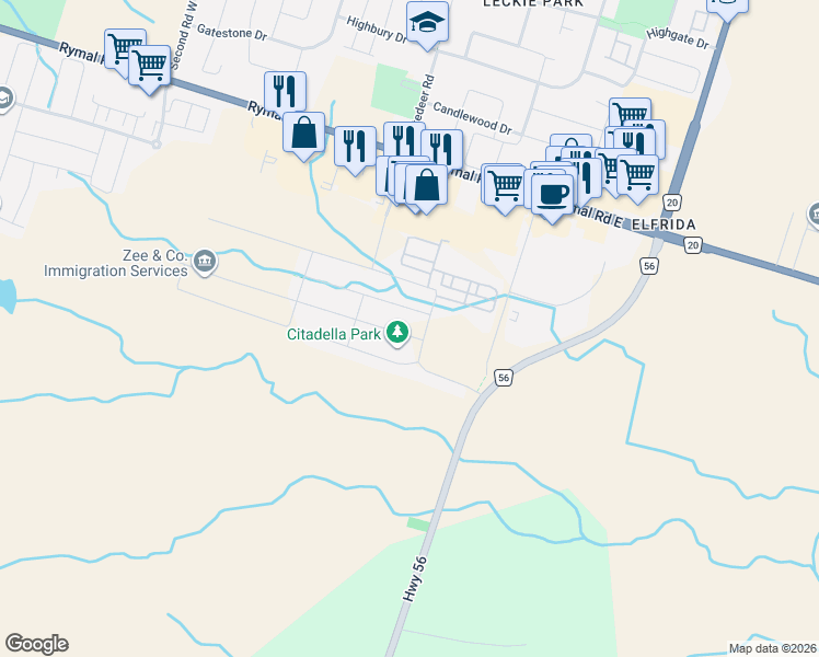map of restaurants, bars, coffee shops, grocery stores, and more near 10 Cittadella Boulevard in Hamilton