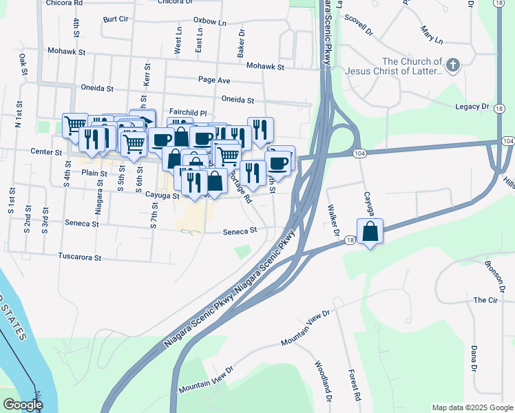 map of restaurants, bars, coffee shops, grocery stores, and more near 220 Portage Road in Lewiston