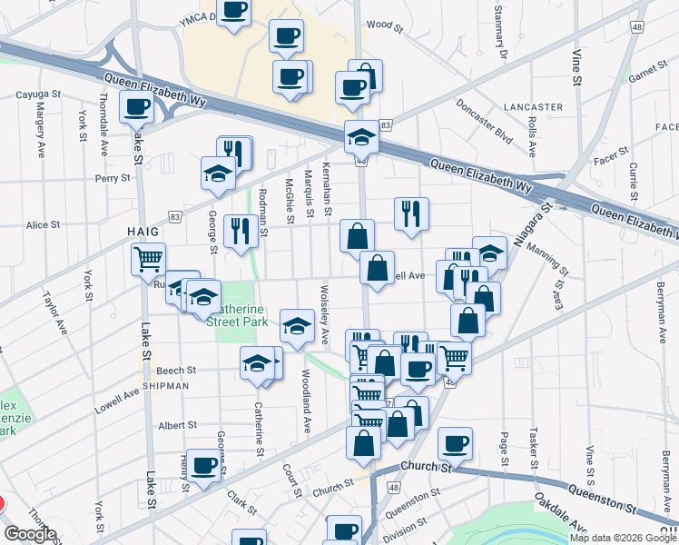 map of restaurants, bars, coffee shops, grocery stores, and more near 175 Russell Avenue in St. Catharines