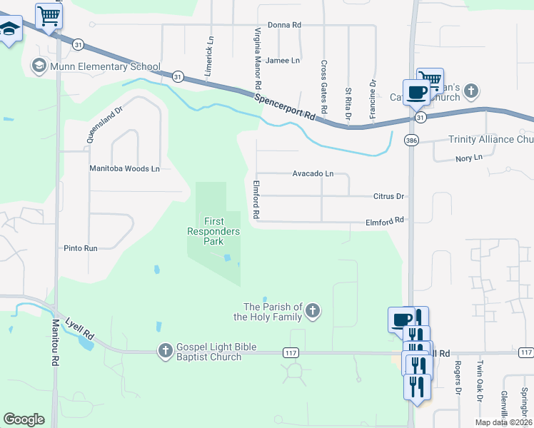 map of restaurants, bars, coffee shops, grocery stores, and more near 53 Elmford Road in Rochester