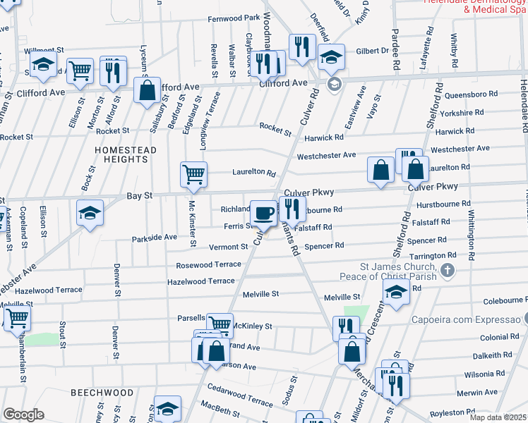 map of restaurants, bars, coffee shops, grocery stores, and more near 1348 Culver Road in Rochester