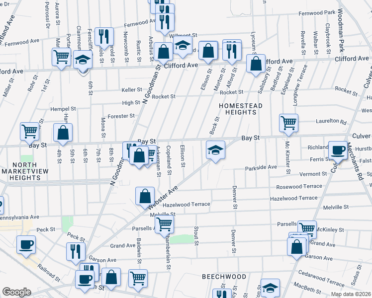 map of restaurants, bars, coffee shops, grocery stores, and more near 66 Ellison Street in Rochester