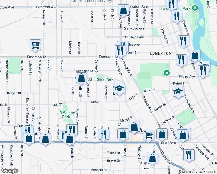 map of restaurants, bars, coffee shops, grocery stores, and more near 48 Karnes Street in Rochester