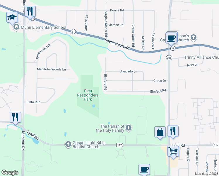 map of restaurants, bars, coffee shops, grocery stores, and more near 53 Elmford Road in Rochester
