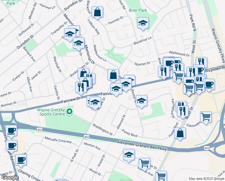 map of restaurants, bars, coffee shops, grocery stores, and more near in Brantford
