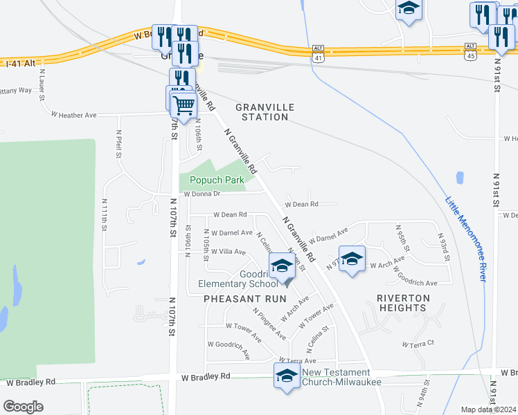map of restaurants, bars, coffee shops, grocery stores, and more near 10301 West Dean Road in Milwaukee