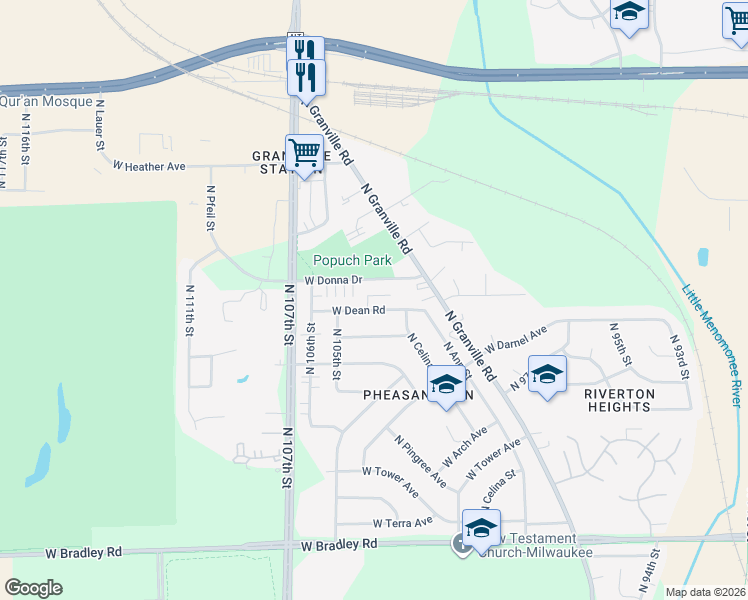 map of restaurants, bars, coffee shops, grocery stores, and more near 10405 West Dean Road in Milwaukee