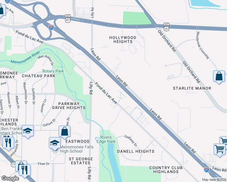 map of restaurants, bars, coffee shops, grocery stores, and more near N83W13606 Fond du Lac Avenue in Menomonee Falls