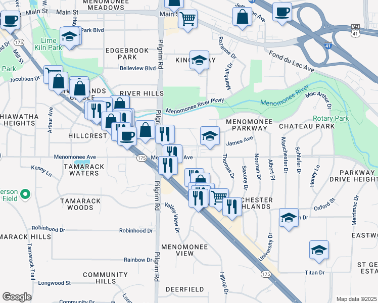 map of restaurants, bars, coffee shops, grocery stores, and more near N84W15391 Menomonee Avenue in Menomonee Falls