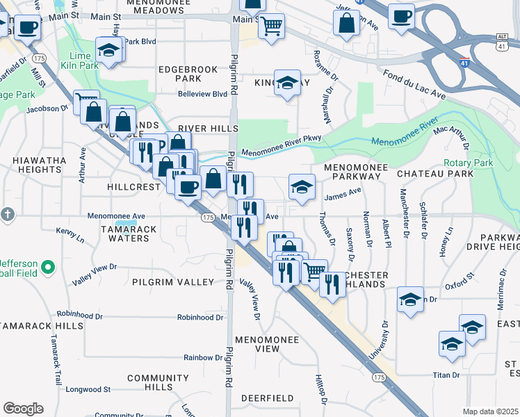 map of restaurants, bars, coffee shops, grocery stores, and more near N84W15467 Menomonee Avenue in Menomonee Falls