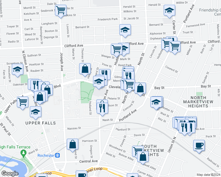map of restaurants, bars, coffee shops, grocery stores, and more near 368 Hudson Avenue in Rochester