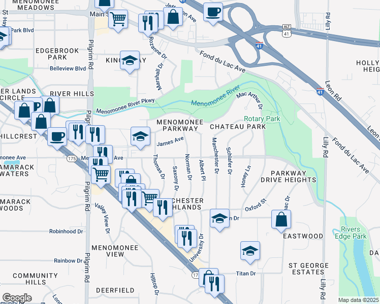 map of restaurants, bars, coffee shops, grocery stores, and more near 8418 Norman Drive in Menomonee Falls