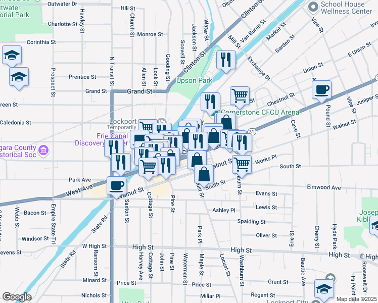 map of restaurants, bars, coffee shops, grocery stores, and more near in Lockport