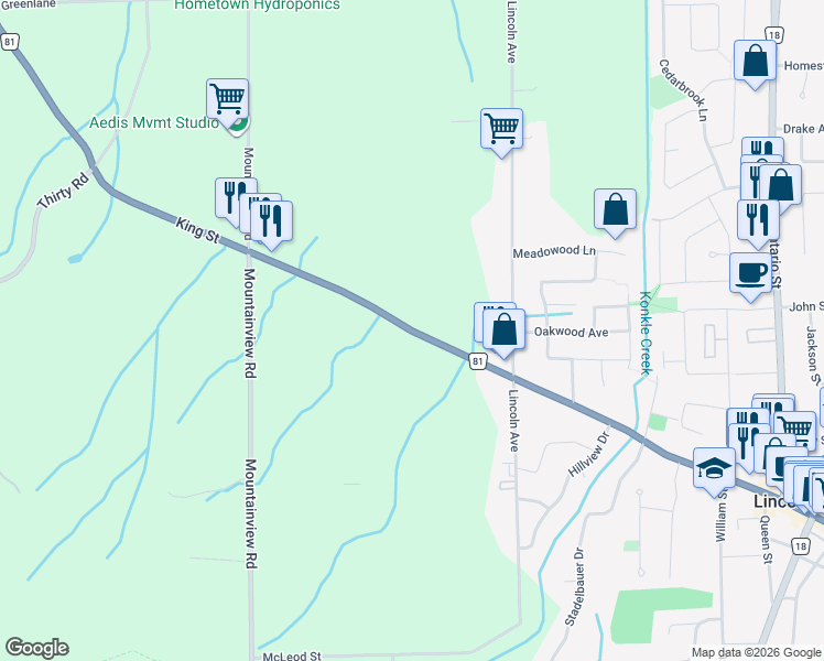map of restaurants, bars, coffee shops, grocery stores, and more near King Street in Lincoln