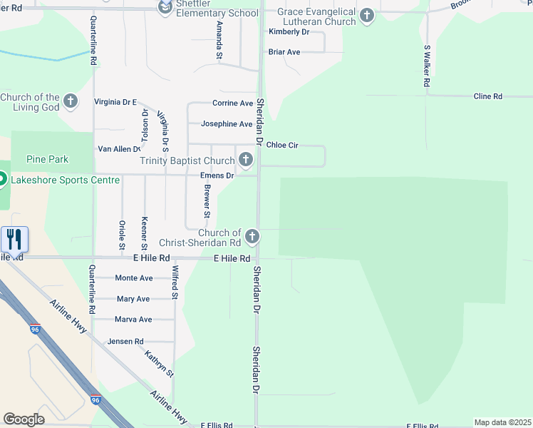 map of restaurants, bars, coffee shops, grocery stores, and more near 4498 South Sheridan Drive in Muskegon