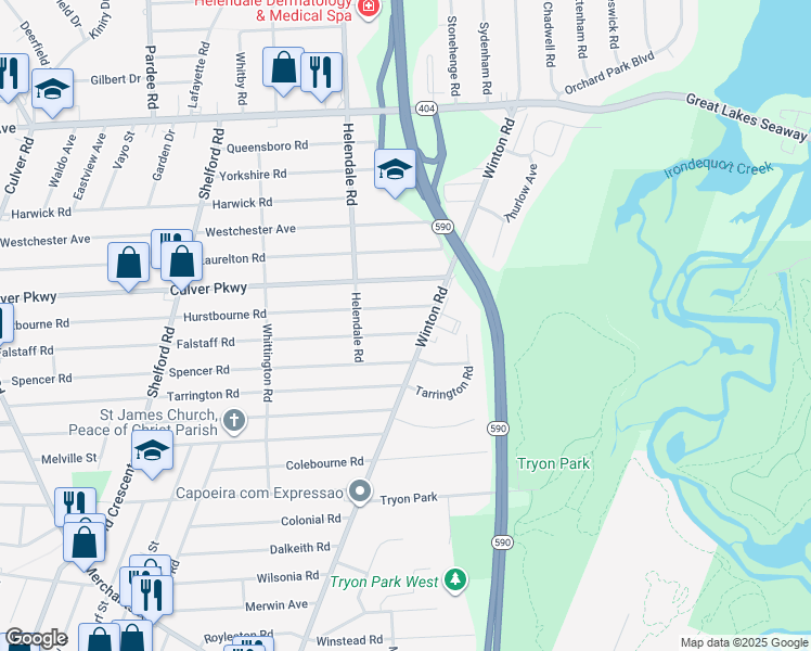 map of restaurants, bars, coffee shops, grocery stores, and more near 1269 Winton Road North in Rochester