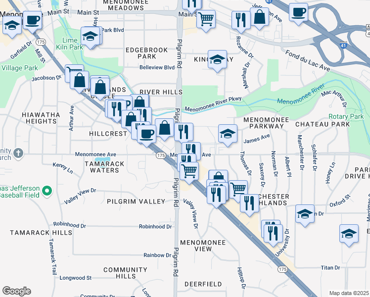 map of restaurants, bars, coffee shops, grocery stores, and more near N84W15467 Menomonee Avenue in Menomonee Falls