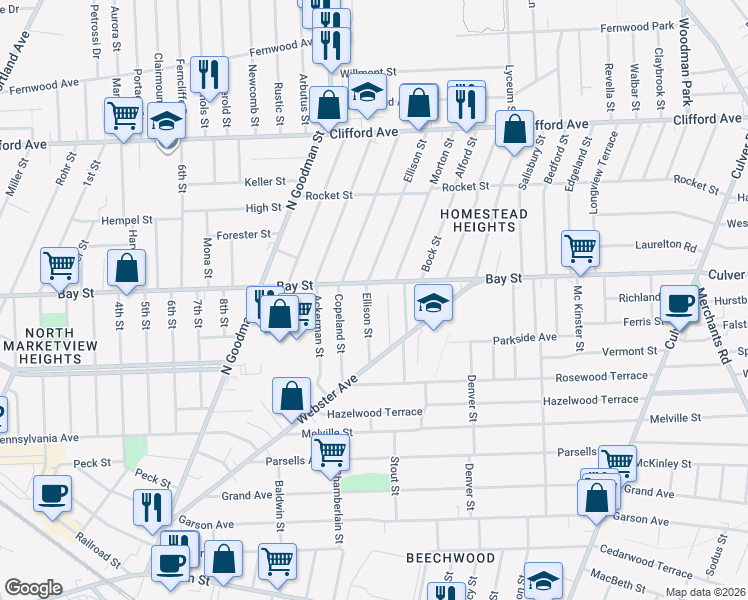 map of restaurants, bars, coffee shops, grocery stores, and more near 66 Ellison Street in Rochester