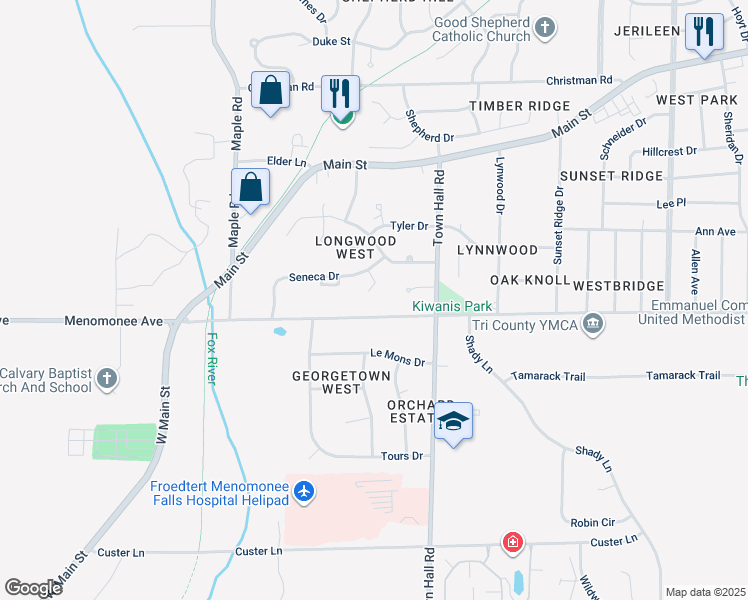 map of restaurants, bars, coffee shops, grocery stores, and more near N84W18279 Menomonee Avenue in Menomonee Falls