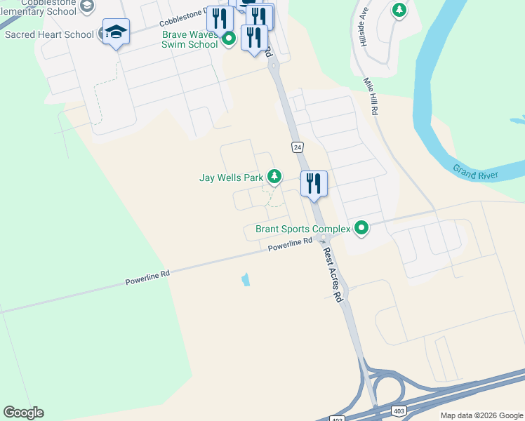 map of restaurants, bars, coffee shops, grocery stores, and more near 92 Scenic Ridge Gate in Brant