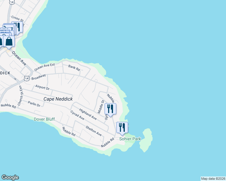 map of restaurants, bars, coffee shops, grocery stores, and more near 246 Nubble Road in York