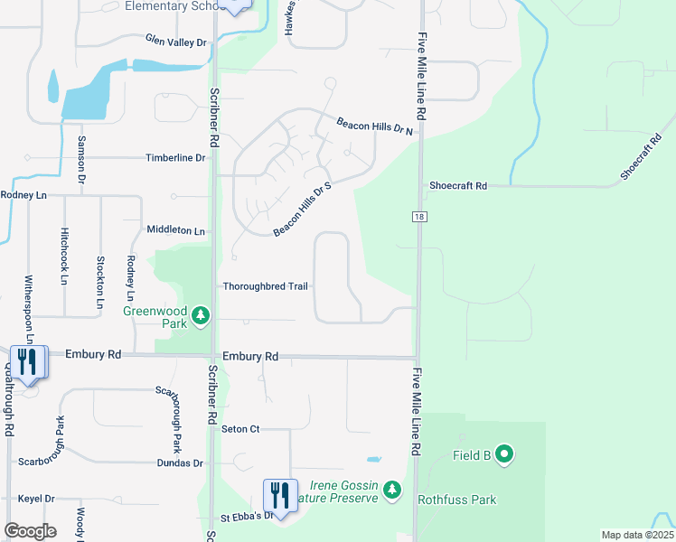 map of restaurants, bars, coffee shops, grocery stores, and more near 38 Corral Drive in Penfield