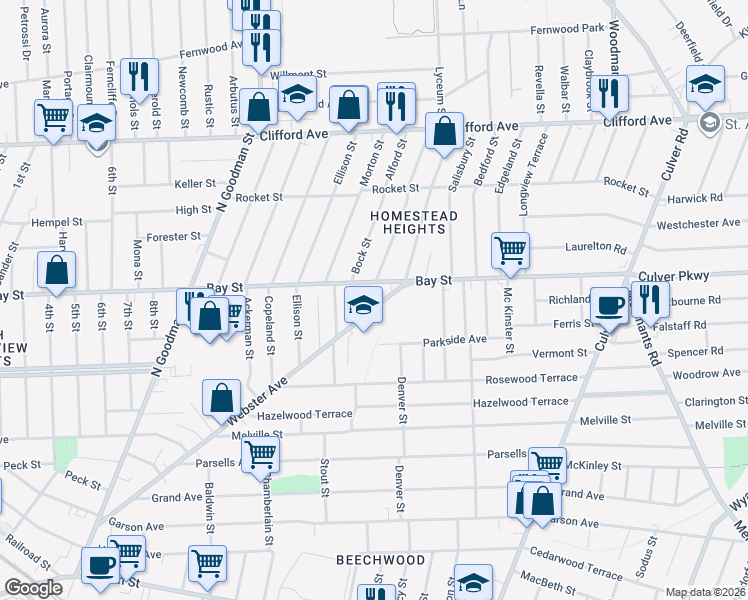 map of restaurants, bars, coffee shops, grocery stores, and more near 530 Webster Avenue in Rochester