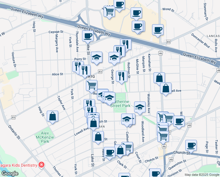 map of restaurants, bars, coffee shops, grocery stores, and more near in St. Catharines