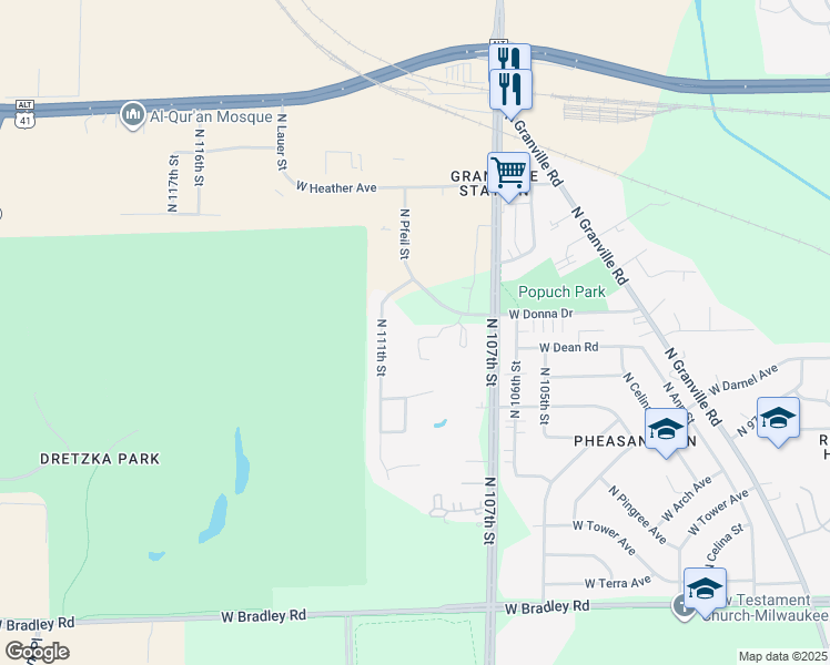 map of restaurants, bars, coffee shops, grocery stores, and more near 10851 West Donna Drive in Milwaukee