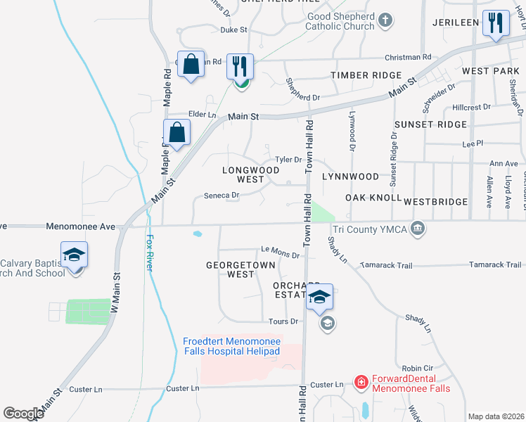 map of restaurants, bars, coffee shops, grocery stores, and more near N84W18279 Menomonee Avenue in Menomonee Falls