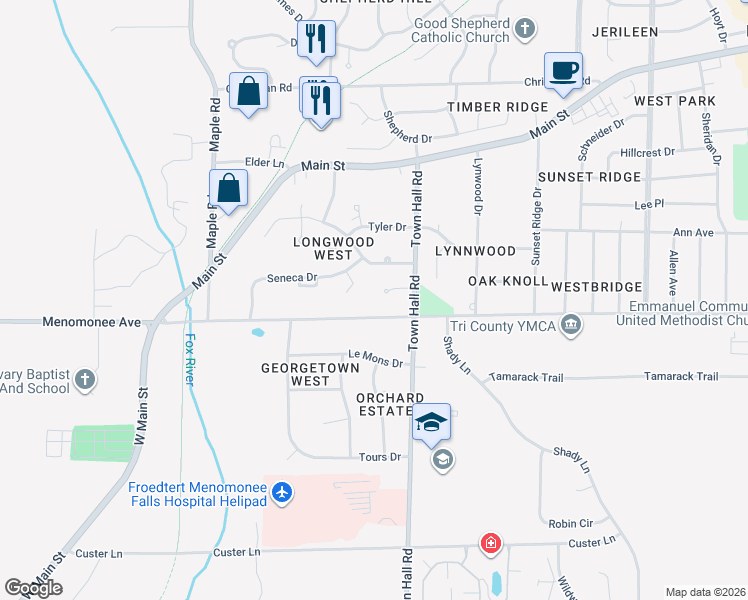 map of restaurants, bars, coffee shops, grocery stores, and more near N84W18131 Menomonee Avenue in Menomonee Falls