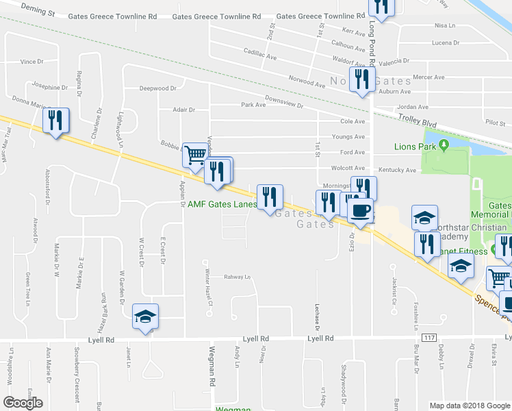 map of restaurants, bars, coffee shops, grocery stores, and more near 68 Gates Manor Drive in Rochester