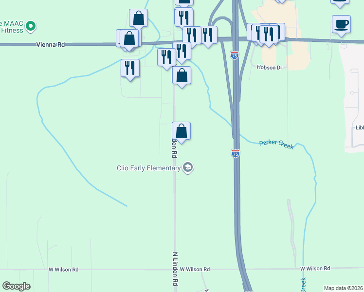 map of restaurants, bars, coffee shops, grocery stores, and more near 11290 North Linden Road in Clio
