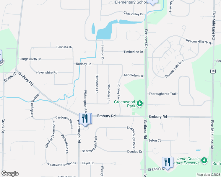 map of restaurants, bars, coffee shops, grocery stores, and more near 101 Stockton Lane in Rochester