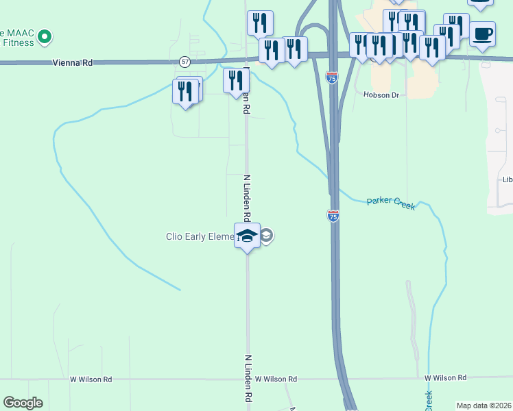 map of restaurants, bars, coffee shops, grocery stores, and more near 11290 North Linden Road in Clio