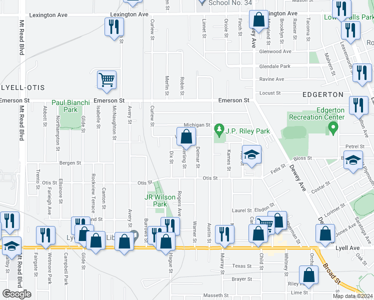 map of restaurants, bars, coffee shops, grocery stores, and more near 76 Sterling Street in Rochester
