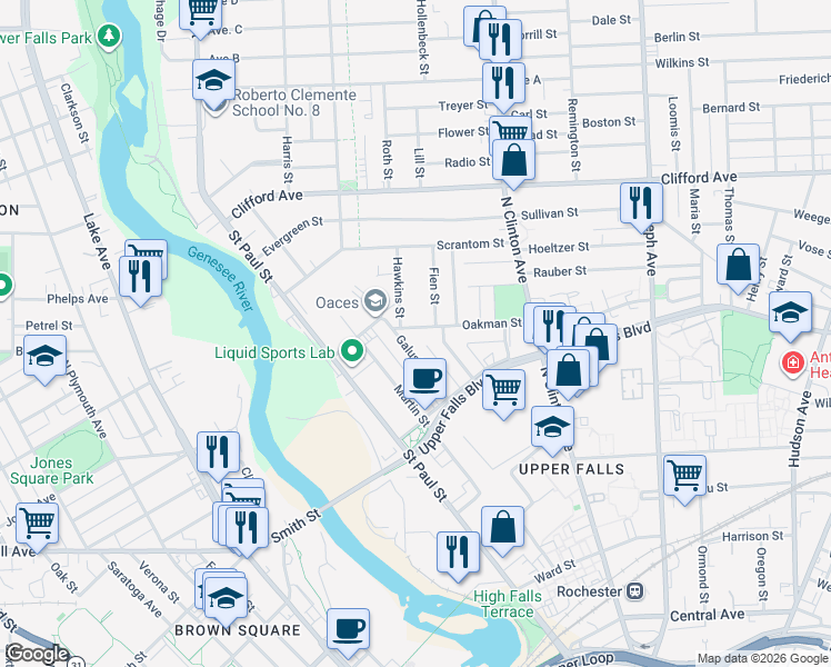 map of restaurants, bars, coffee shops, grocery stores, and more near 7 Fien Street in Rochester