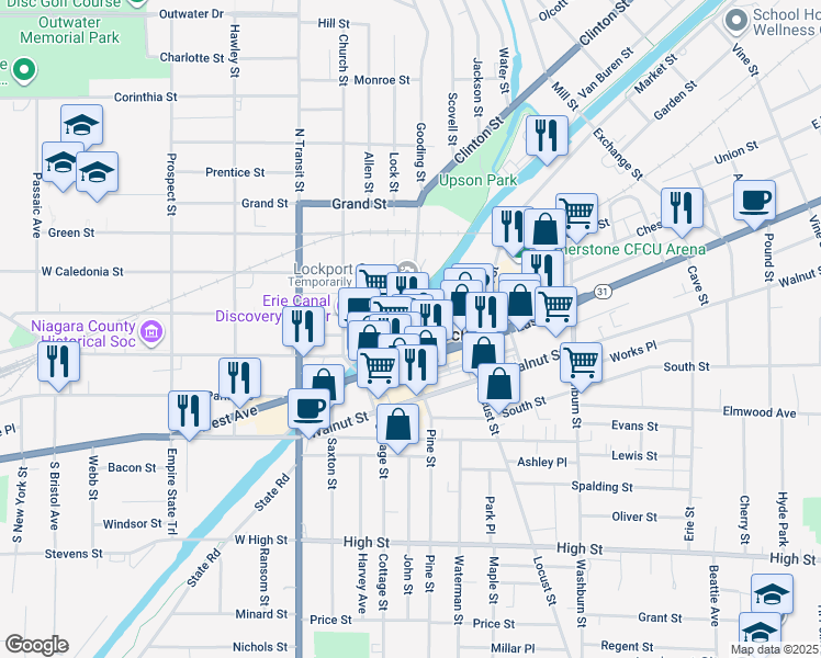 map of restaurants, bars, coffee shops, grocery stores, and more near 33 Ontario Street in Lockport