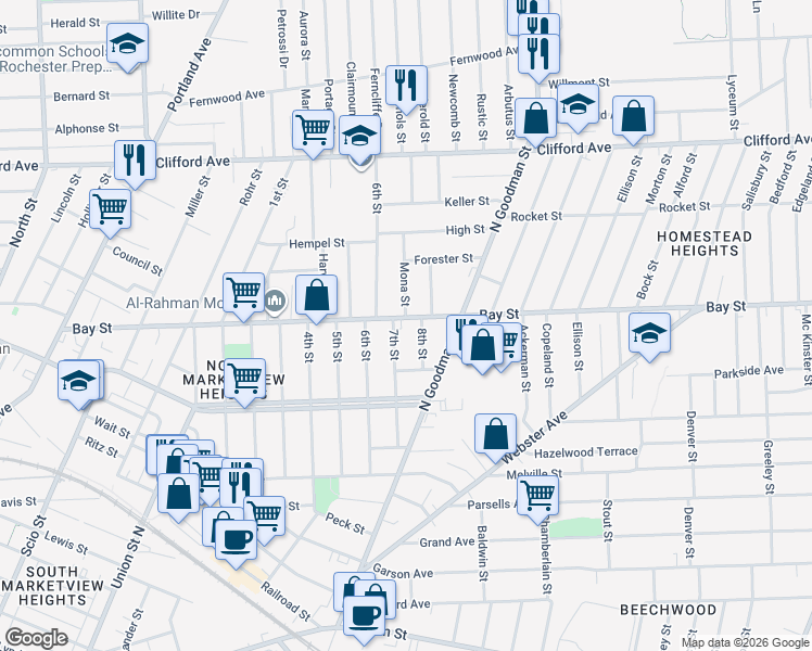 map of restaurants, bars, coffee shops, grocery stores, and more near 479 Bay Street in Rochester